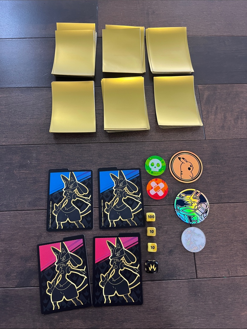 Pokemon TCG Gold-Back Lucario Card Sleeves with Tokens and Die